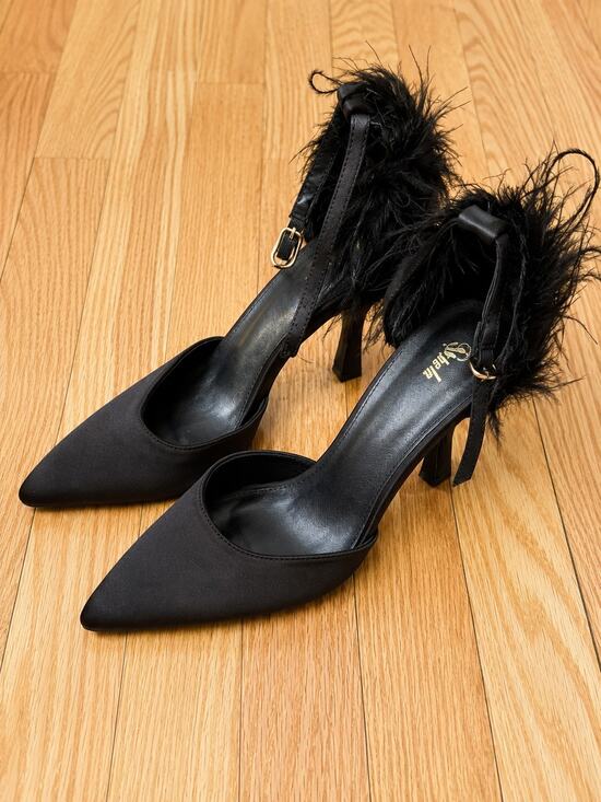 Shein Shoes - Black Satin Feather Trim Pointed Toe Stiletto Heels Women’s Size EU 38 US 7.5